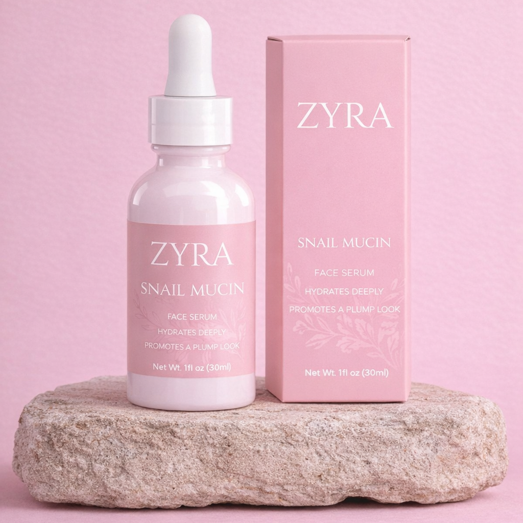 ZYRA snail mucus facial serum bottle and box on a pink background